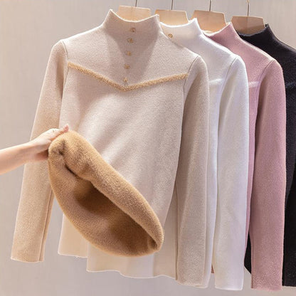 Suéter Feminino de Inverno Forrado em Lã com Decote